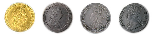 Tudor through modern era coins of Britain depict their kings and queens