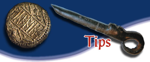 An artifact and coin artistically welcome you to the metal detecting hints tips page